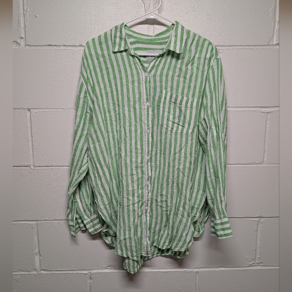 Rails Jaylin Cayman Green White Stripe Linen Blend Women's Button Shirt Large - Picture 4 of 9